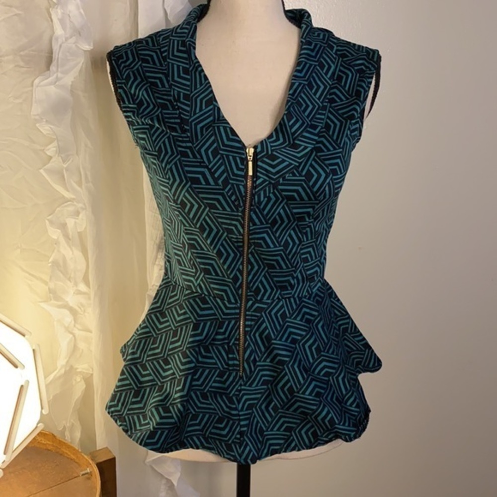 Closet London Green Black Sleeveless Collared Back Zip Top Size 10 - Picture 5 of 7